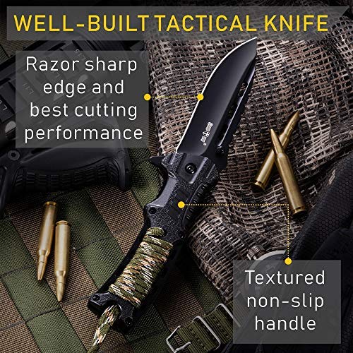 Pocket Knife - Tactical Folding Knife - Spring Assisted Knife with Fire Starter & Paracord Handle - Best EDC Survival Hiking Camping Knife for Army Military Emergency Outdoor Rescue - GrandWay 6772