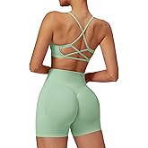 ABOCIW 2 Piece Seamless Workout Sets for Women Scoop Neck Strappy Sports Bra Scrunch Butt Lifting Gym Impact Shorts