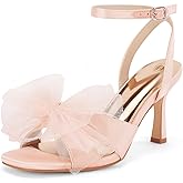 Coutgo Womens Lace Bow Heels Sandals Open Square Toe Stiletto High Heel Ankle Strap Bride Wedding Dress Shoes