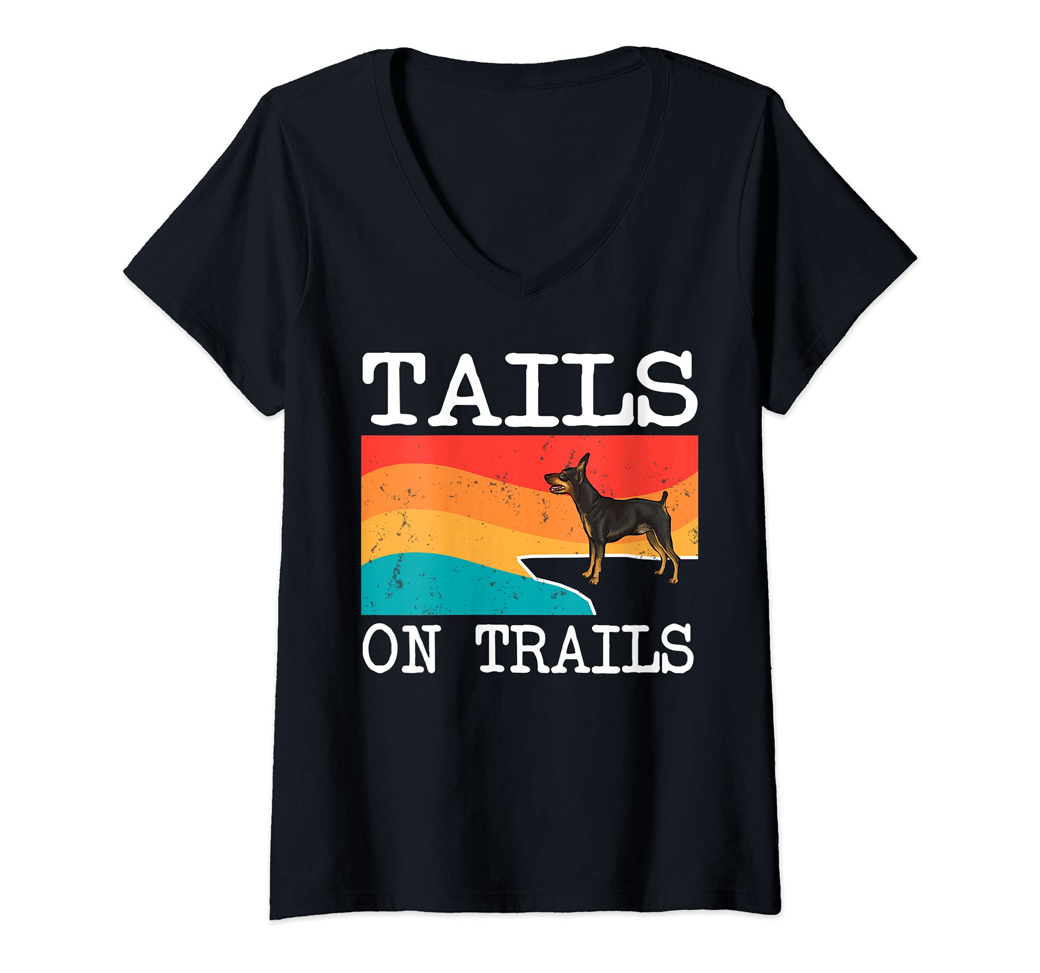 Womens Tails On Trails Miniature Pinscher Dog Funny Hiking V-Neck T-Shirt