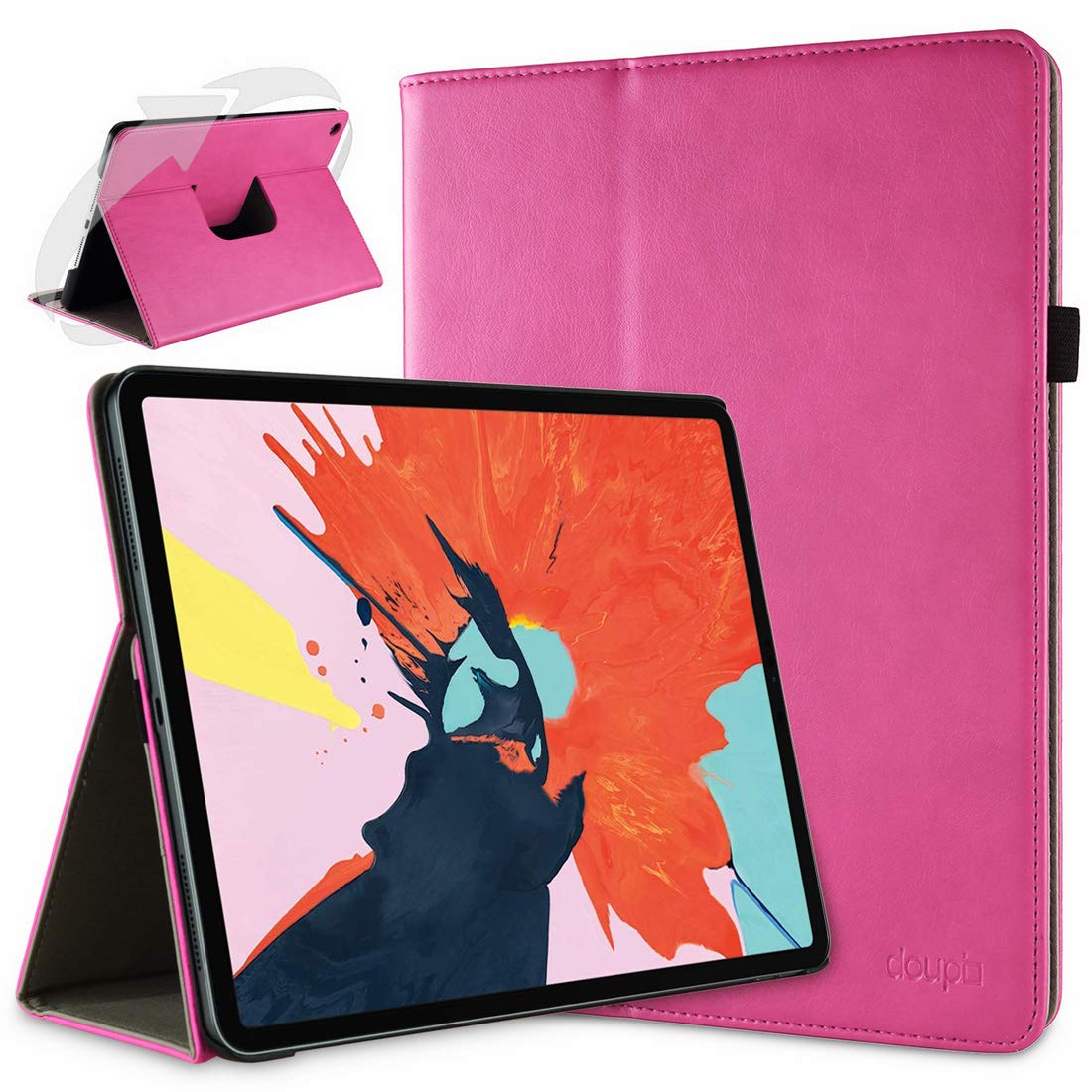doupi Smart Flip Cover for iPad Pro 11 inch (2018), Deluxe Protective Case with Sleep/Wake Function 360 Degree Rotatable Stand Screen Protector, Pink