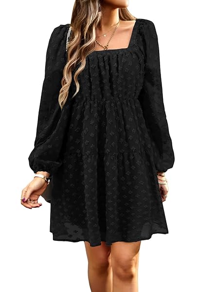 BESTWENDDING WOMEN'S CASUAL LONG SLEEVE MINI DRESS 2025 SPRING SUMMER  SQUARE NECK RUFFLE TIERED FLOWY LOOSE BABYDOLL DRESS BLACK-1 L - Korting  Discount Outlet