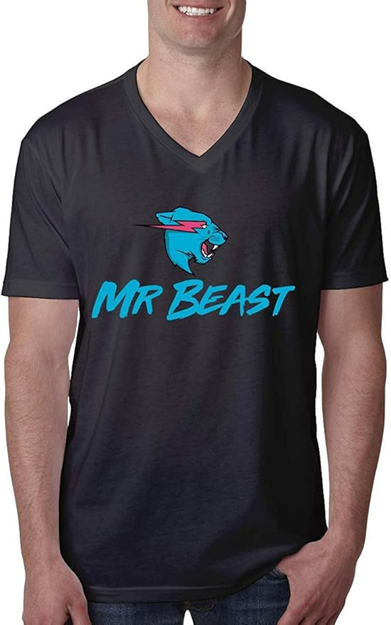 HKGJG Mr-Beast Mens V Neck Short Sleeve T Shirt - Novelty Funny T Shirt Black: Amazon.co.uk 