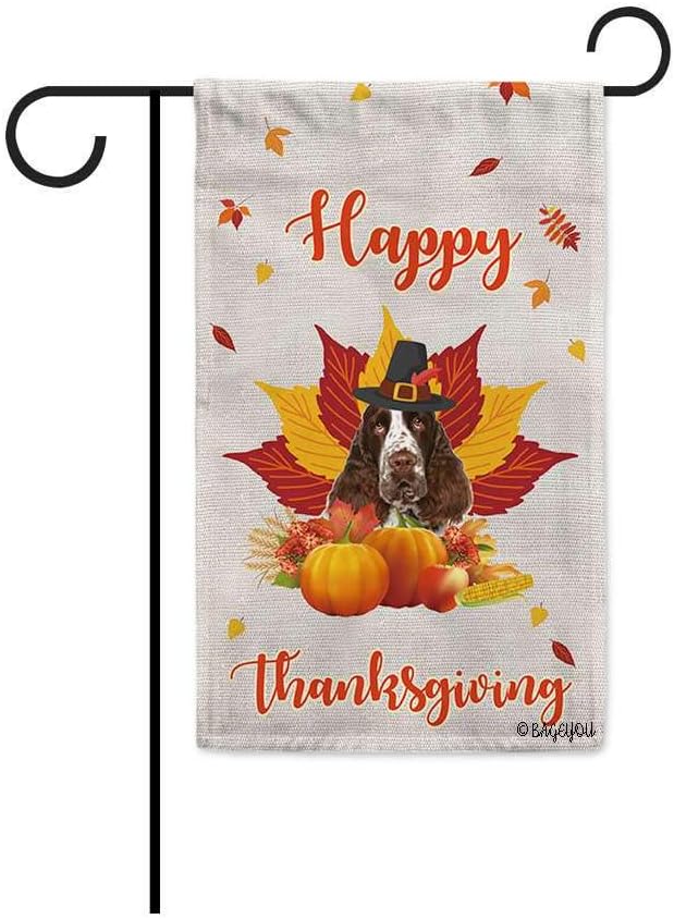 BAGEYOU Happy Thanksgiving Day with My Lover Dog Adorable English Springer Spaniel Garden Flag Harvest Season Pumpkin Maple Leaf Fall Decor Home Banner for Outside 12.5x18 Inch Print Both Sides