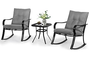 SOLAURA 3-Piece Outdoor Rocking Chairs Bistro Set, Black Iron Patio Furniture with Gray Thickened Cushion & Glass-Top Coffee Table