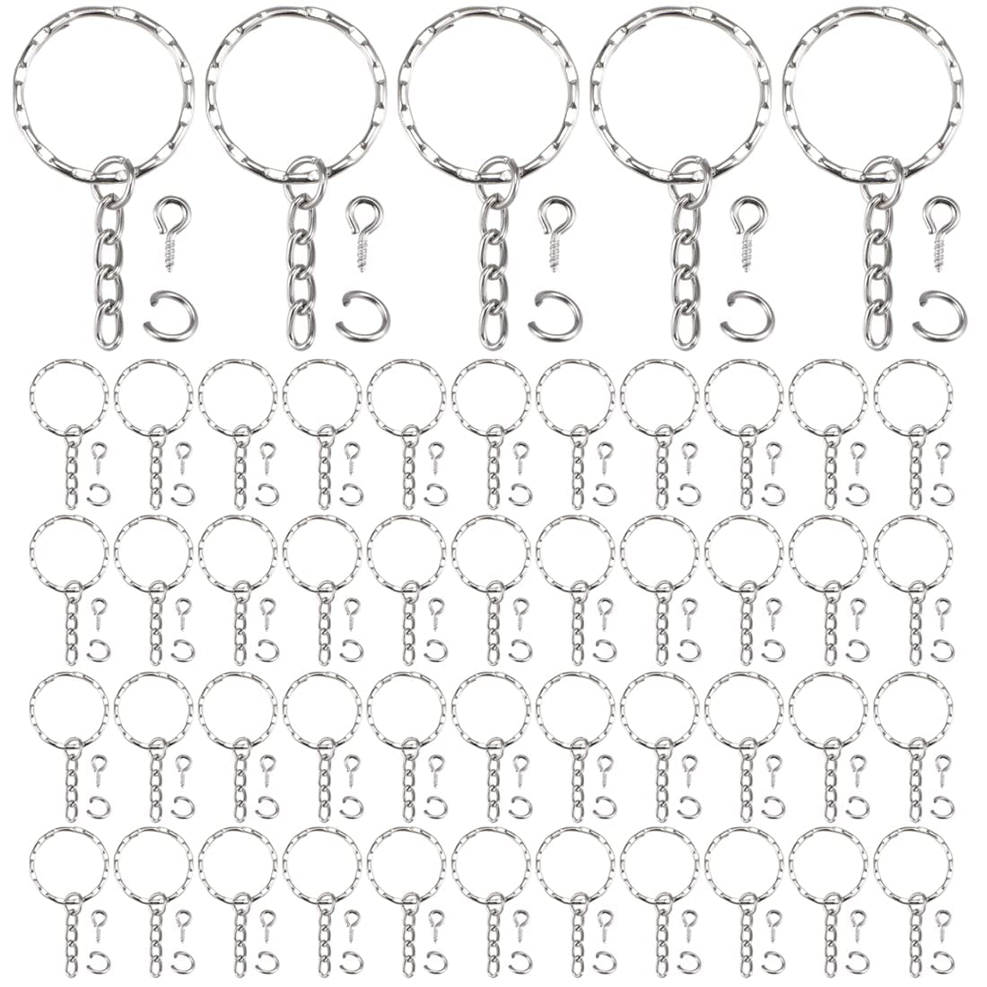 LEEQ 50 Pieces Key Ring Key Chain Rings Split Keyrings with Link Chain, 50 Pieces Open Jump Rings and 50 Pieces Screw Eye Pins for Crafts（25 mm Diameter）