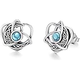 Celtic Moon Turquoise Earrings 925 Sterling Silver Hypoallergenic Crescent Celtic Heart Knot Stud Earrings with Turquoise Vintage Good Luck Irish Jewelry Birthday Mother's Day Gifts for Women