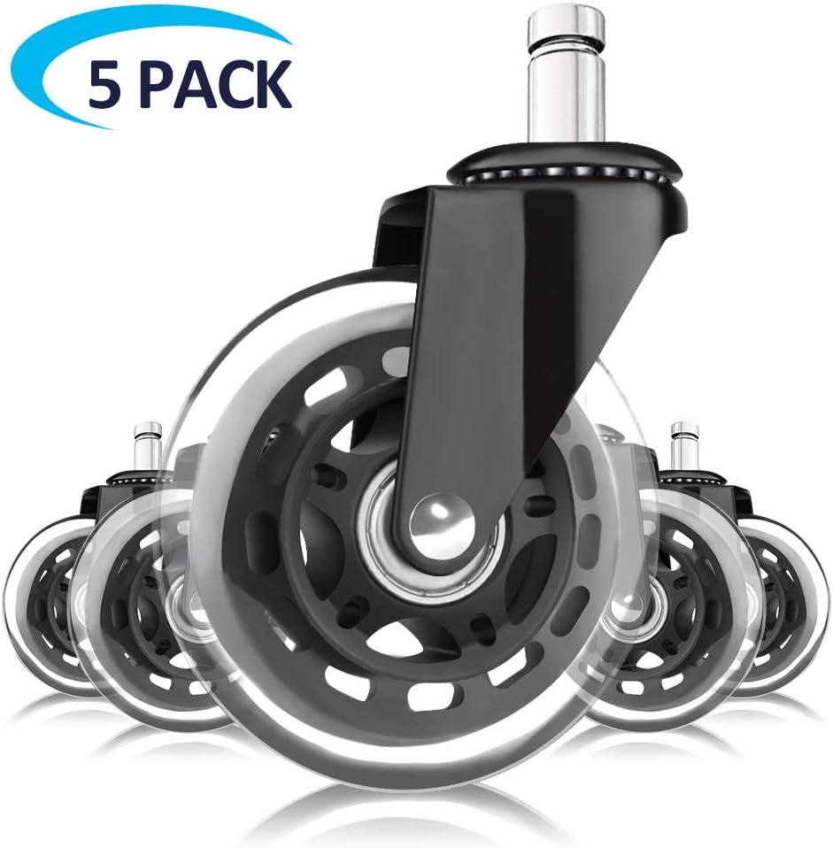 Growsland Office Chair Wheels Replacement (Set of 5) Rubber Caster Wheel Heavy Duty 3" Chair Casters for Hardwood Floors & Carpet Universal Fit 7/16" x 7/8" : Office Products