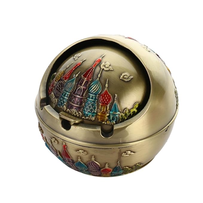 HUACANG Vintager windundurchlässiger Zigarrenaschenbecher tragbarer Metalldeckel-Zigarettenaschenbecher, handgemalter Schloss