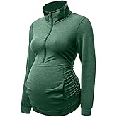 DEBELLY Maternity Shirt with Pocket Women's Lapel Top Casual Pregnancy Long Sleeve Zipper Hoodie