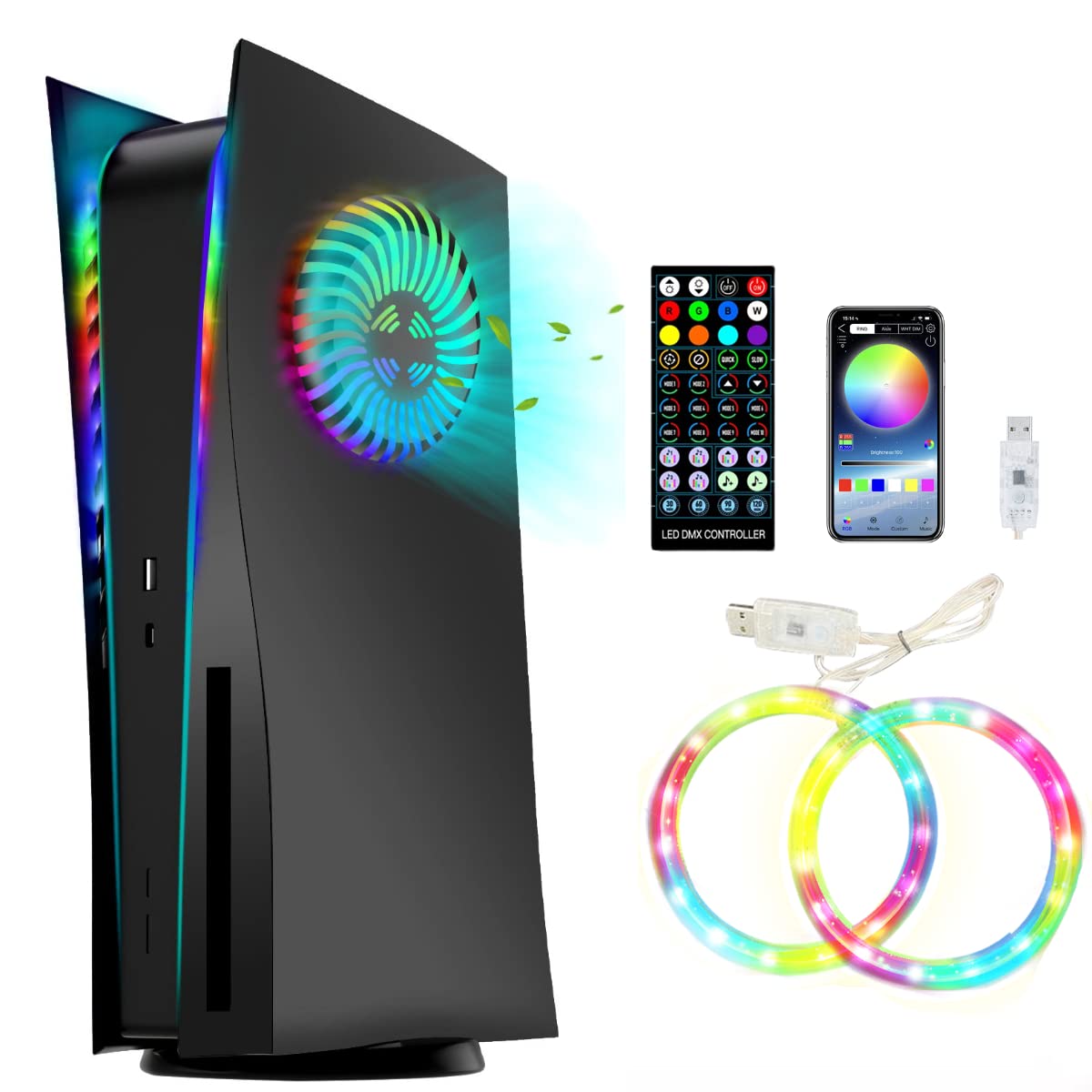 Face Plates for PS5 Console with RGB LED Light Strip, Replacement Shell Cove for PS5 Disk with Fan Vents, 3 Control Modes, 8 Colors, 400+ Lights Effects, Music Sync, ABS Hard Shockproof Anti-Scratch