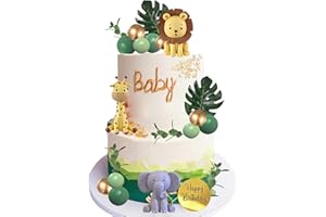 LEFUBABY 25 PCS Safari Animal Cake Toppers Jungle Wild Cake Decorations with Green Balls Plam Leaves for Wild Animals Themed Birthday Baby Shower Party Supplies