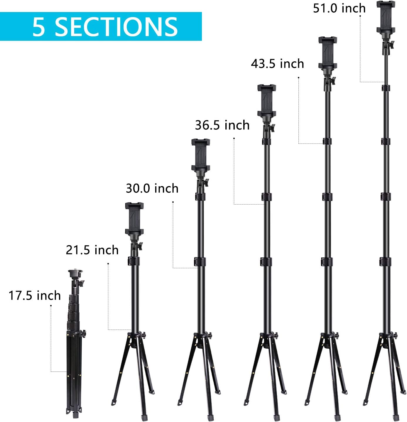 Selfie Stick Tripod, UBeesize 51" Extendable Tripod Stand with Bluetooth Remote for iPhone & Android Phone, Heavy Duty Aluminum, Lightweight