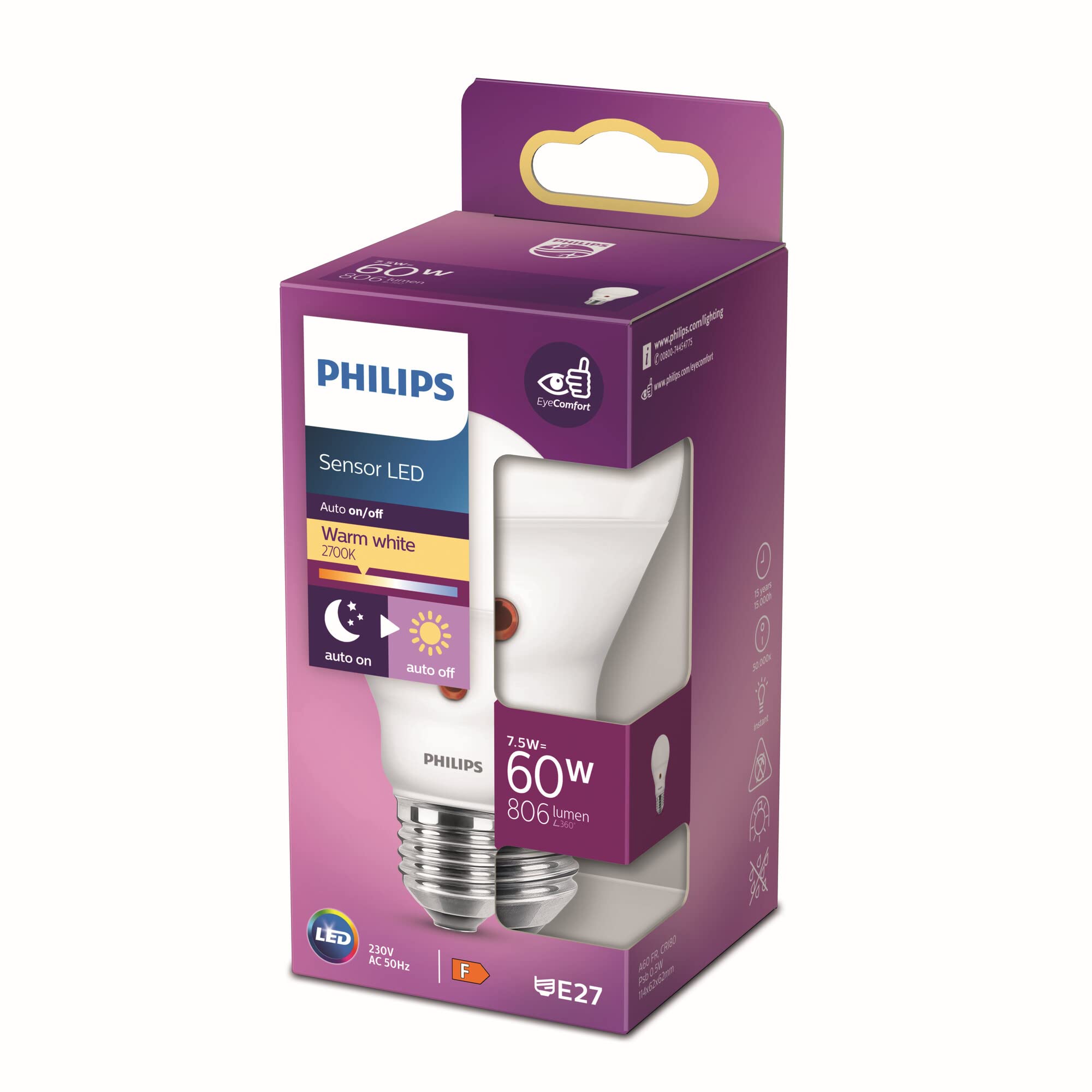 Philips LED Premium Frosted Light Bulb [E27 Edison Screw] 7.5W - 60W Equivalent, Warm White (2700K)