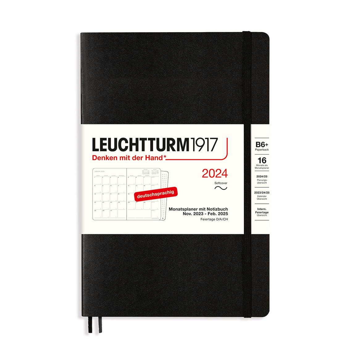 LEUCHTTURM1917 367582 Monthly Planner & Notebook Paperback (B6+) 2024, 16 Months, Soft Cover, Black, German