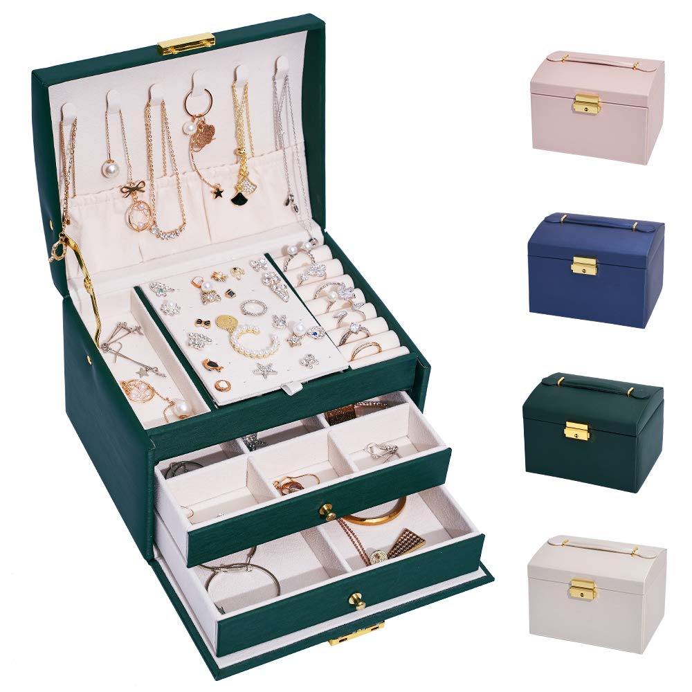 hombrima 3 Layers Travel Jewelry Box, Jewelry Storage Organizer Cases with 2 Drawers and Lock for Women’s Necklace Earrings Rings Bracelet(Green)