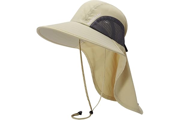 BASSDASH UPF 50+ Unisex Water Resistant Wide Brim Sun Hat with Large Neck Flap Ponytail Fishing Hat for Men Women