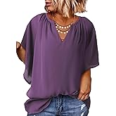 Eytino Womens Plus Size Tops Loose V Neck Bell Short Sleeve Casual Chiffon Blouses Pleated Flowy Shirts(1X-5X)