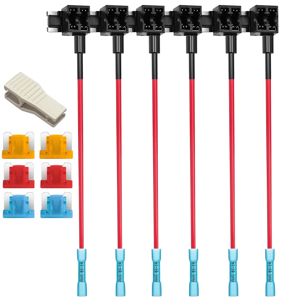 Gebildet 6pcs 12V 24V Low Profile MINI Add-a-Circuit Fuse Tap with Heat Shrink Terminals, Mini Piggy Back Blade Fuse Holder with Wire Harness, 6pcs Mini Blade Fuse (5A/10A/15A) and Fuse Puller