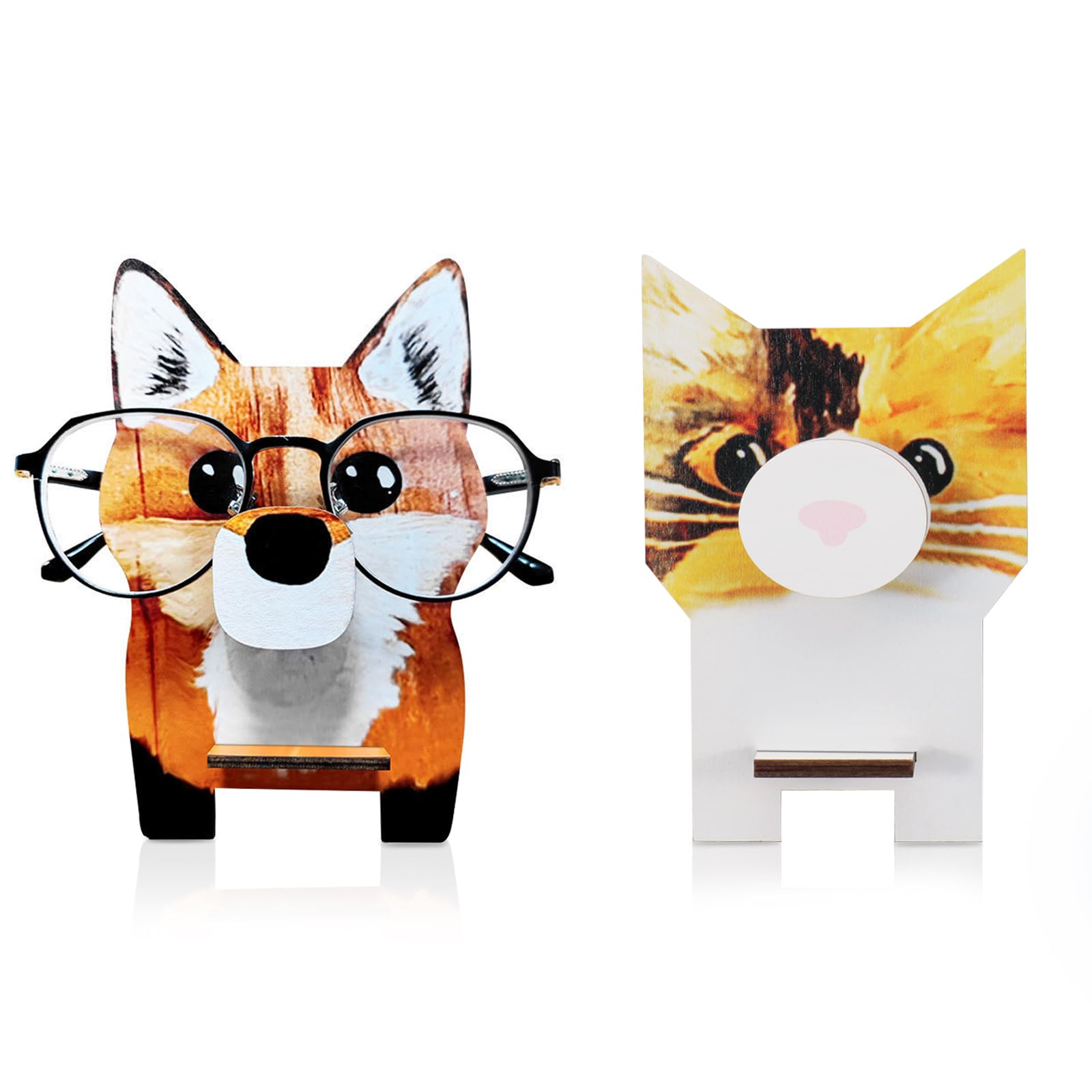 Betinyar 2pcs Wooden Animal Glasses Holder, Animal Eyeglass Holder Stand, Eye Glass Holders for Desktop Decoration Gift