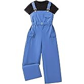 Hilinker Girl's 2 Piece Outfits Overalls Short Sleeve Top and Cargo Jumpsuit Set with Pockets 7-14 Years
