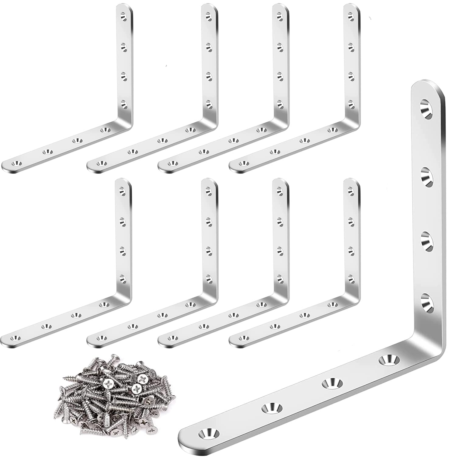 Youery 8 Sets Stainless Steel L Shape Corner Brace Bracket, 125x125mm Right Angle Metal Corner Brackets, Stainless Steel Corner Brace 90 Degree Corner Bracket with 64 Pcs Screws Silver