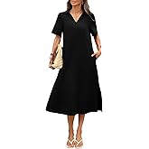 vinglam Women's Linen Midi Dress Loose Fit Collared V Neck Short Sleeve Slit Dresses with Pockets