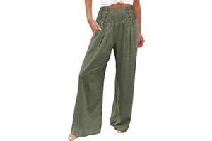 MIDELXP Wide Leg Linen Pants for Women Elastic Smocked Waist Palazzo Pants Lightweight Summer Boho Beach Pants with Pockets