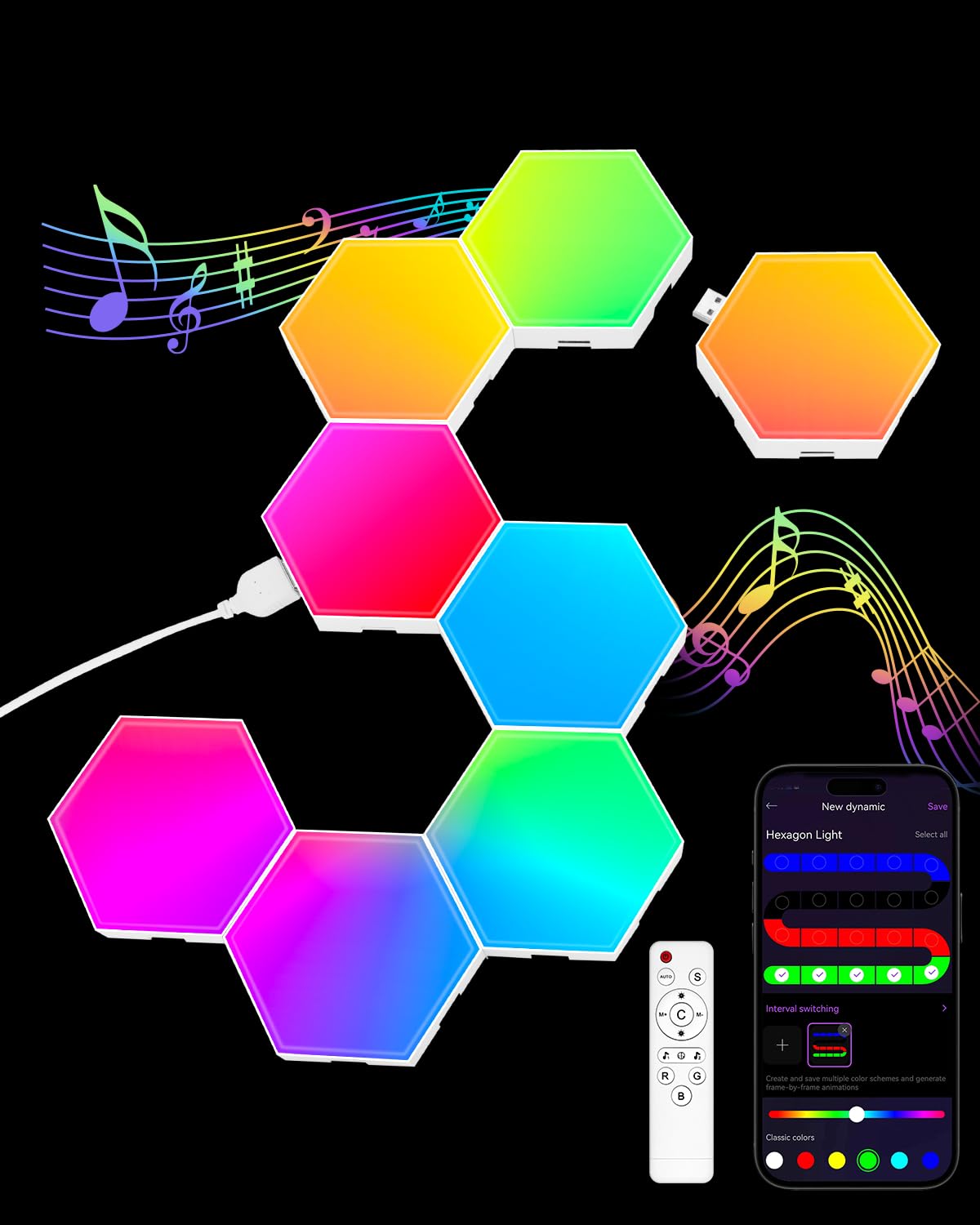 Photo 1 of Hexagon LED Light Panels 8 Pack – RGB Wall Decor Lights with Music Sync, App & Remote – Modular Room Decor for Bedroom, Living Room, Gaming Setup, Gifts