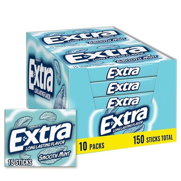 EXTRA GUM SMOOTH MINT SUGARFREE GUM BULK, INDIVIDUALLY WRAPPED, PERFECT FOR FRESH BREATH AT SCHOOL, WORK, AND TRAVEL, 15 COUNT, PACK OF 10