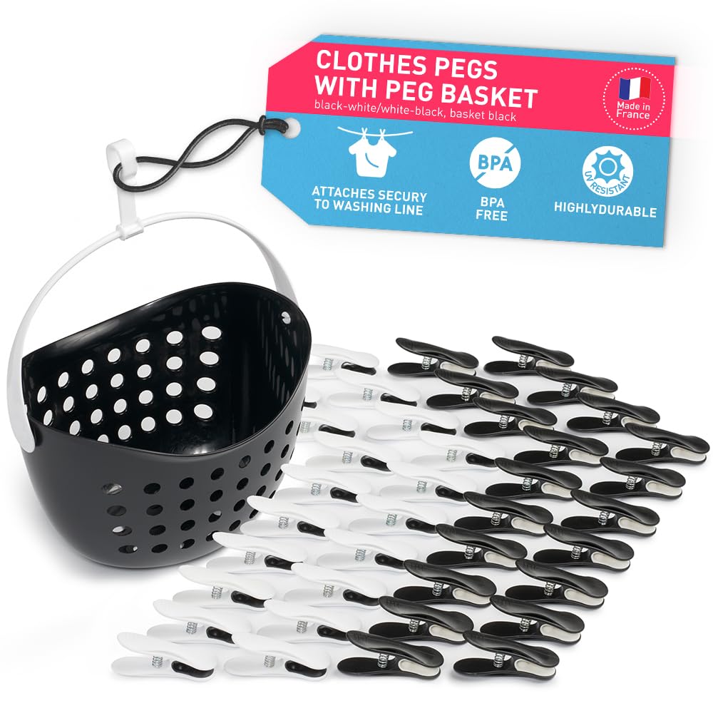 culiclean Clothes Pegs for Washing Line – Clothes Peg and Bag Set with Peg Basket for Washing Line – Washing Peg and Basket with Hanger – 40 Pegs, 1 Holder – black-white/black