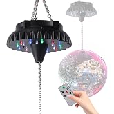 Disco Ball Motor Rotating with Light: Rechargeable Disco Ball Spinner | Mirror Ball Motor with Remote Adjustable Speed - 18 RGBW LED Light for Wedding Party Decor