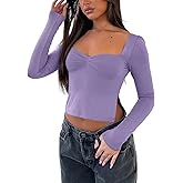 Balimtoy Womens Long Sleeve Going Out Crop Tops Cute Y2K Fall Shirts Sweetheart Neckline Bustier Top with Slit