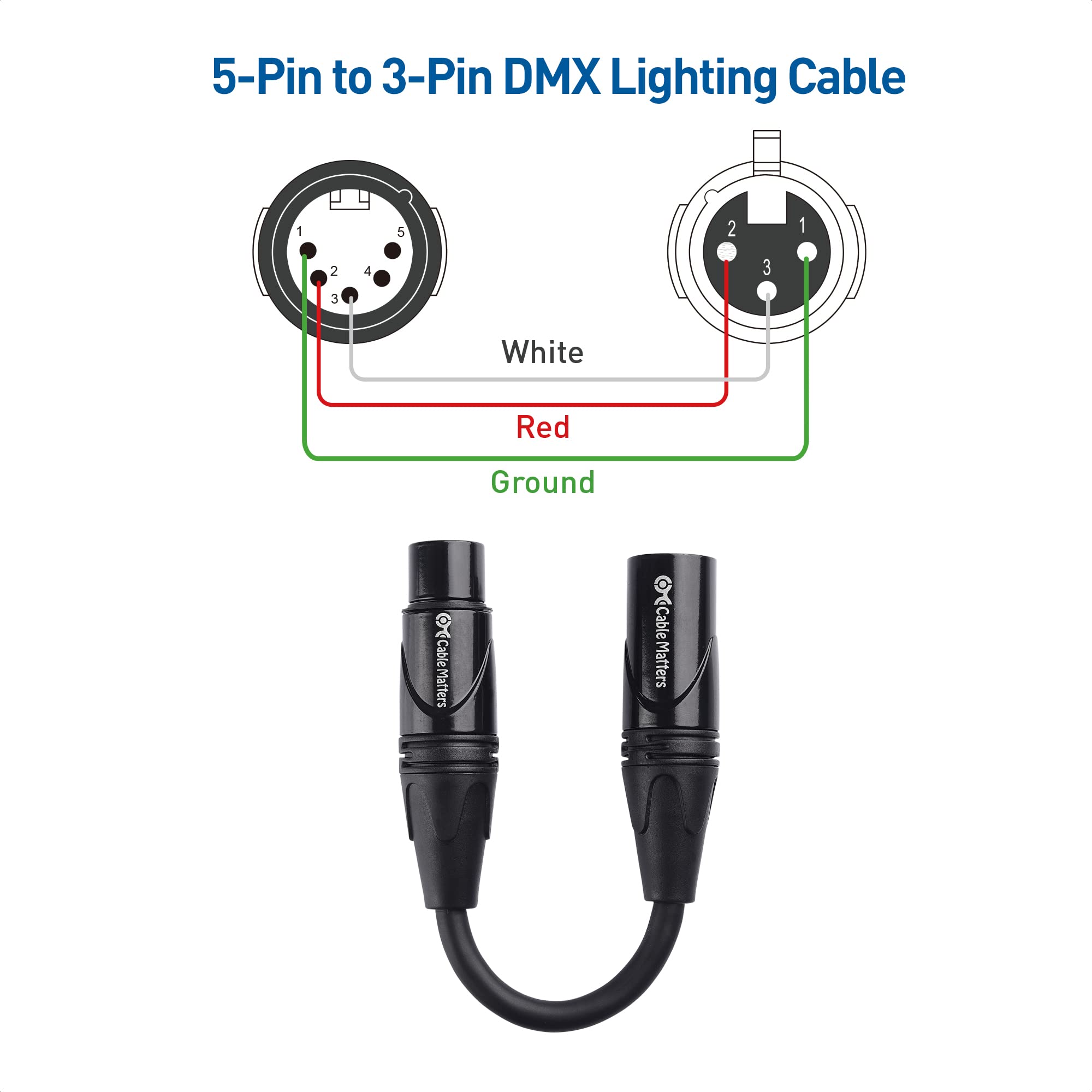 Cable Matters 2-Pack 5 Pin to 3 Pin DMX Lighting Cable - 6 Inches, 5Pin Male to 3Pin Female XLR/DMX Adapter Cable, Black