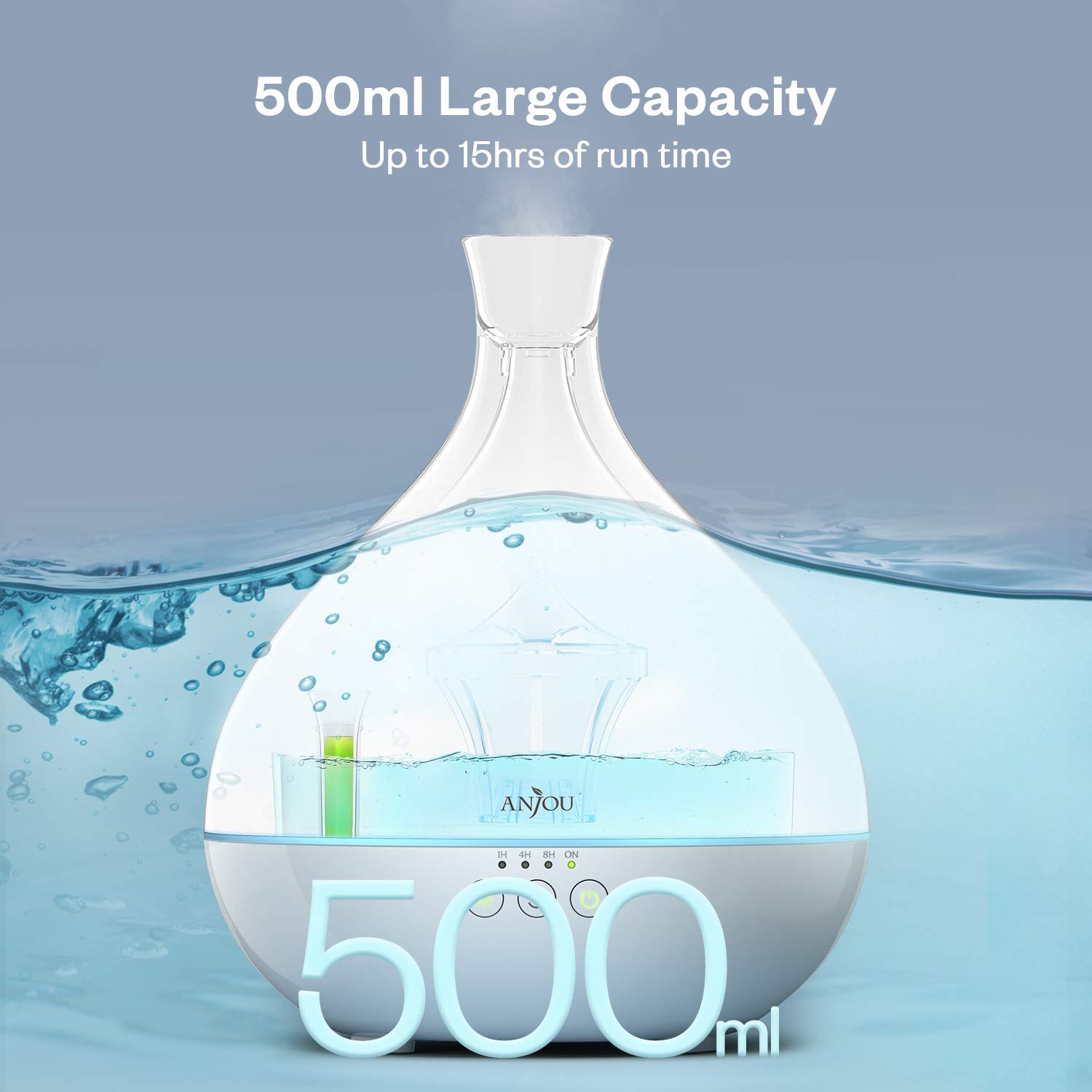 Essential Oil Diffuser, Anjou 500ml BPA Free Cool Mist Humidifier Aromatherapy Auto Shut-Off Diffuser, Adjustable Mist Mode, 7 Color LED Light for 12hrs of Continuous Quiet Diffuser Aroma, White : Beauty