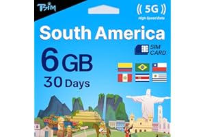 TSIM South America SIM Card 30 Day | 6 GB Internet in 5G/4G/LTE (Data Sharing Allowed) | Use in Brazil, Chile, Colombia, Peru, Uruguay & Costa Rica | High Coverage 5G Network.