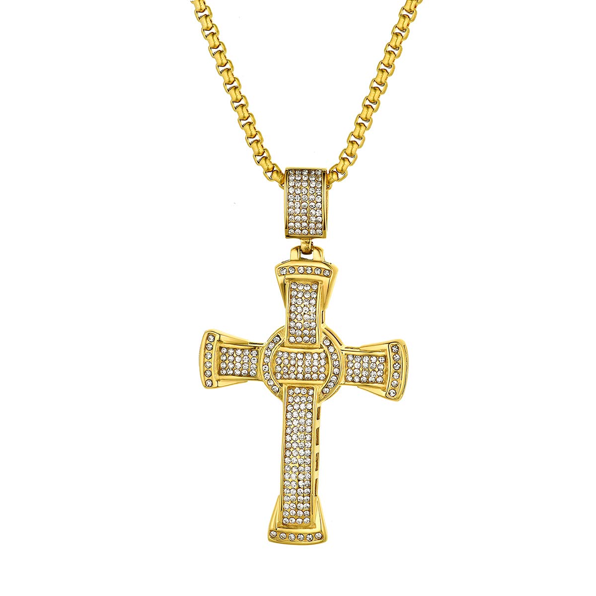 JewelryWe Mens Cross Chain Large Steel Fully-Jewelled Cubic Zirconia Cross Pendant Necklace