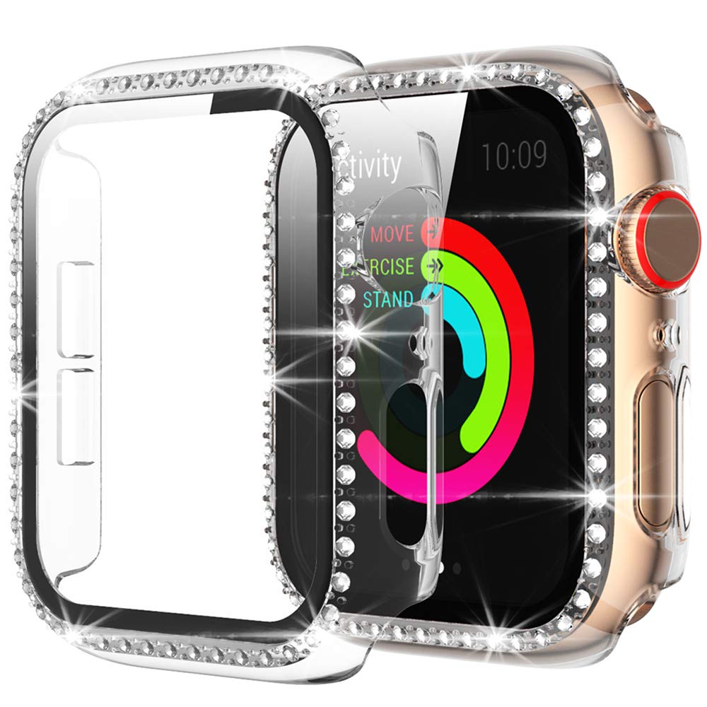 Miimall Bling Case Compatible for Apple Watch SE Series 6/5/4 44mm, PC Case with Tempered Glass Screen Protector&Crystal Diamonds, Ultra-Thin Full Protective Woman Cover for iWatch 44mm-Clear
