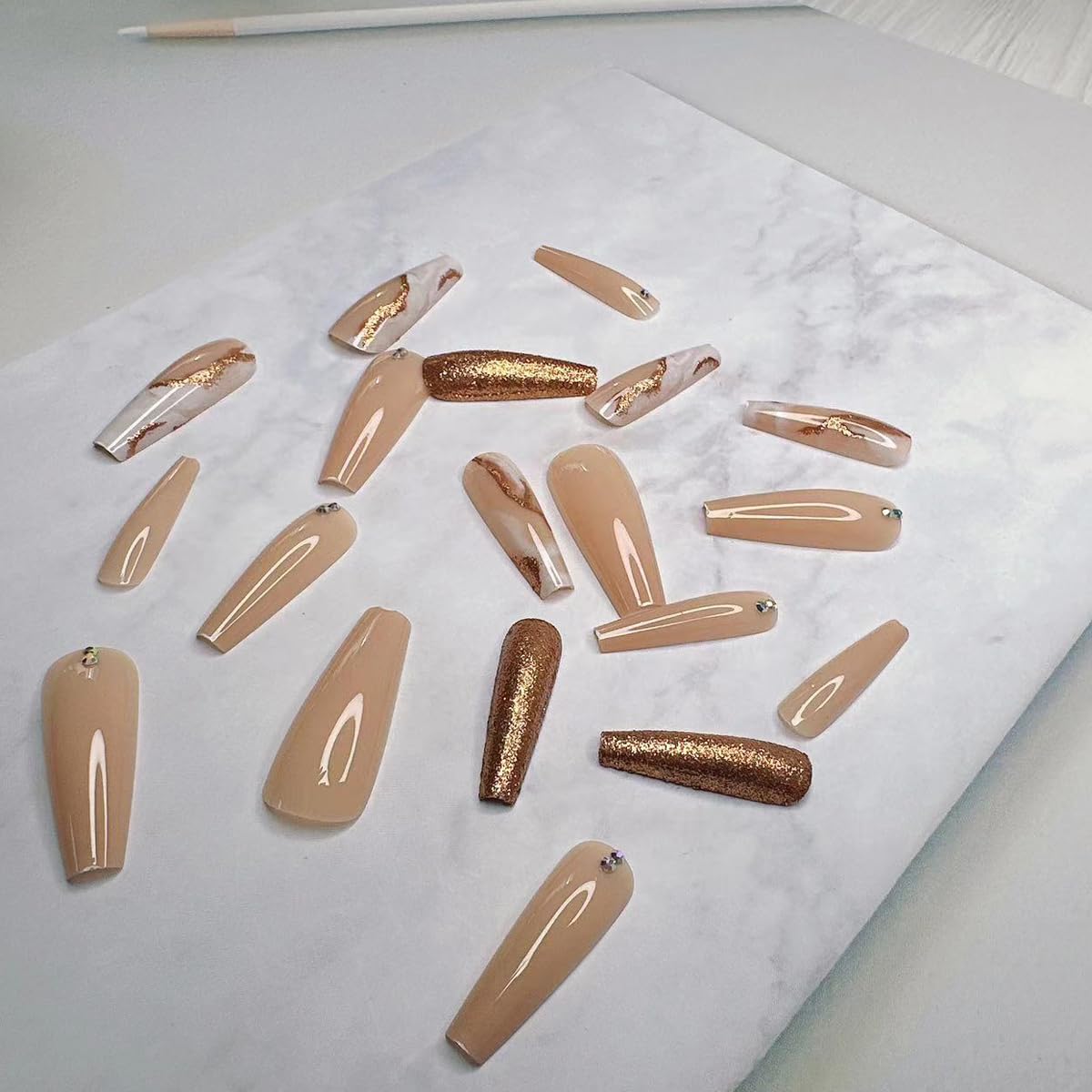 Glitter Marble Press on Nails Long - Long Square Press on Nails,Coffin Nails Glossy Shiny Fake Nails with Rhinestones Design Reusable Stick on Nails Natural Artificial Nails Glue on Nails for Women - Image 2