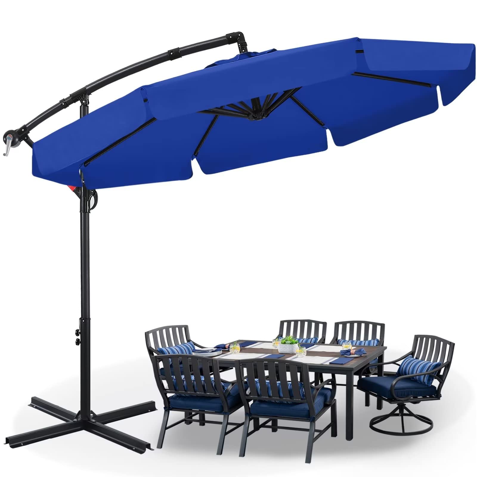 ABCCANOPY 2.7m Cantilever Banana Parasol with Ruffle, Large Garden Cantilever Parasol with Crank Handle and Tilt, Heavy Duty Offset Patio Umbrella UV Protection for Outdoor Garden Balcony, Blue