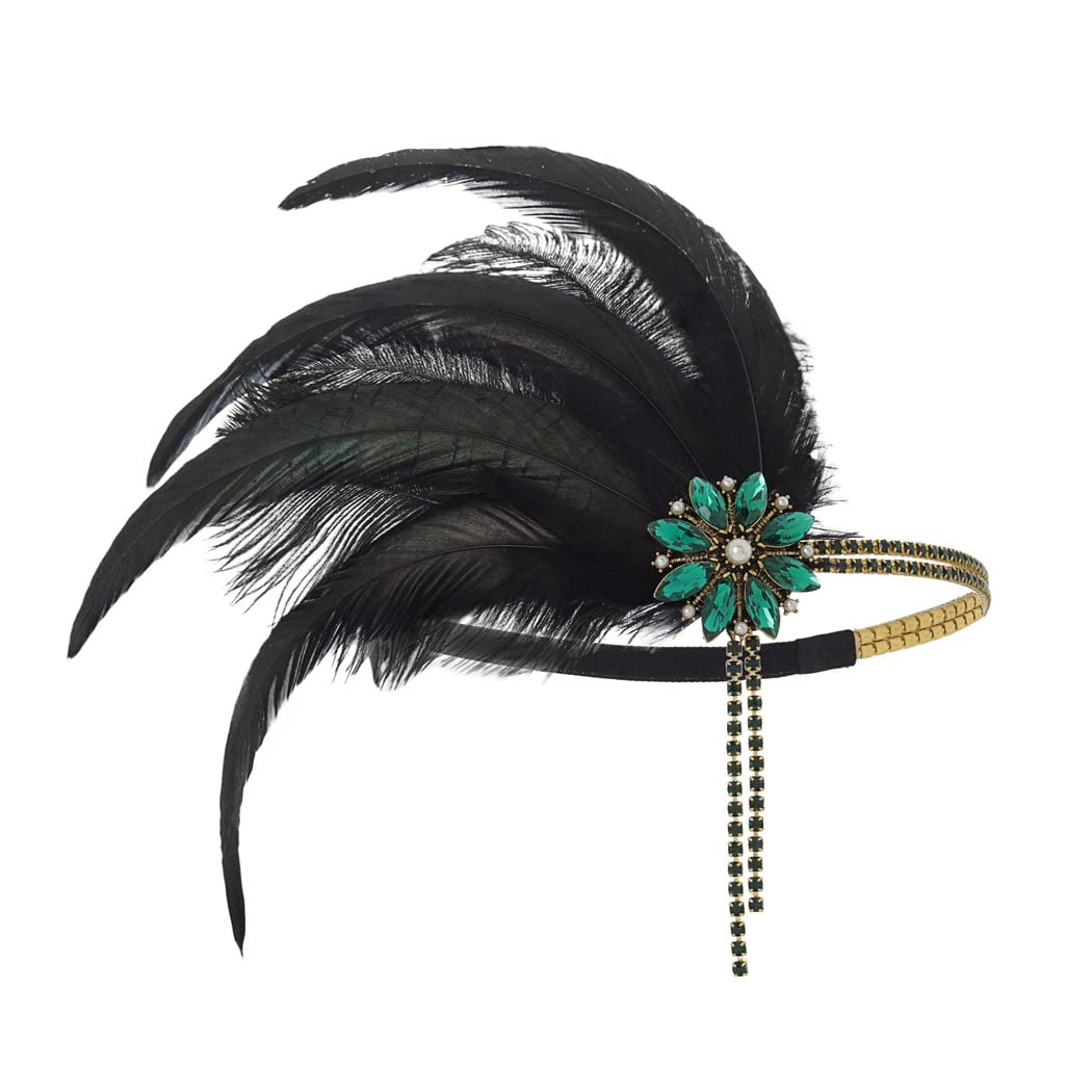 IYOU 1920s Feather Flapper Headpiece Green Crystal Gatsby Headband Prom Wedding Hair Accessories for Women โ image 1