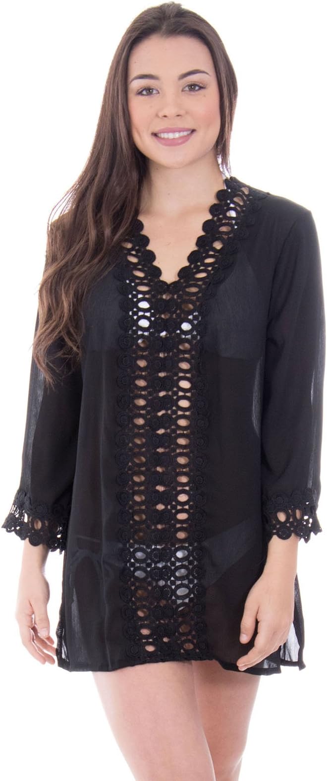 EPYA Women's Floral Lace Beachwear Bikini Swimwear Cover up, Black,XXL