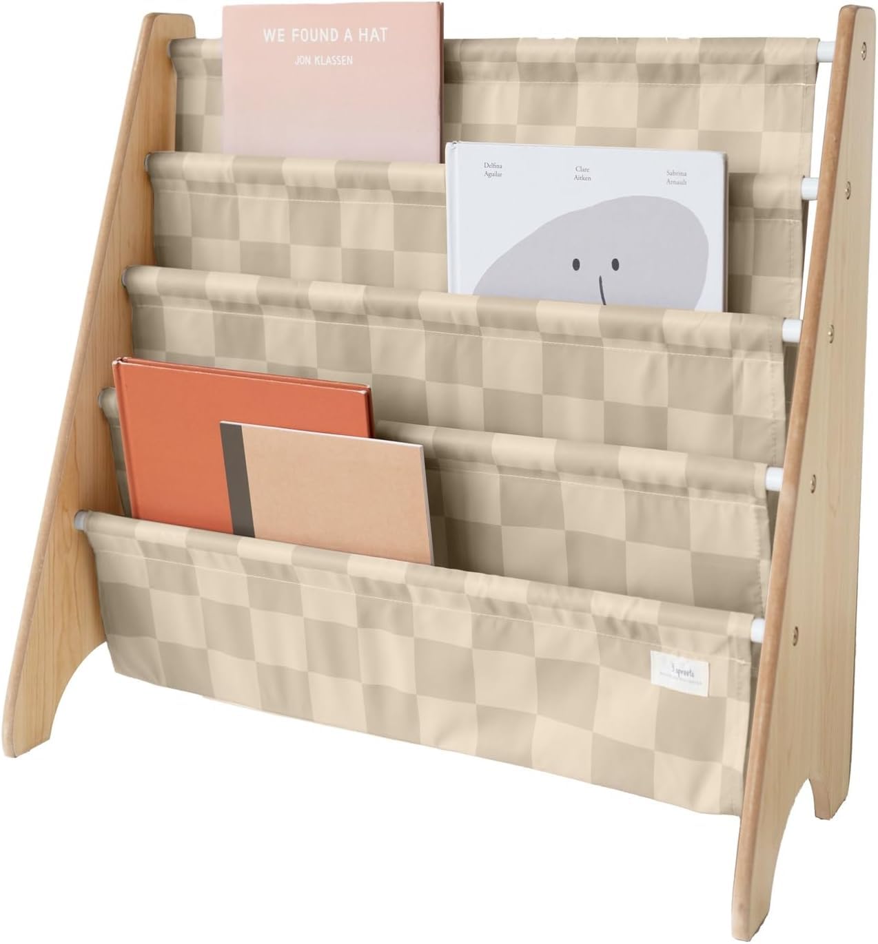 3 Sprouts Kids Bookshelf with Recycled Fabric - 4-Tier Sling Storage for Kids Rooms Holds 35 Titles - Toddler Organizer for Ages 3+ - Checkered Beige