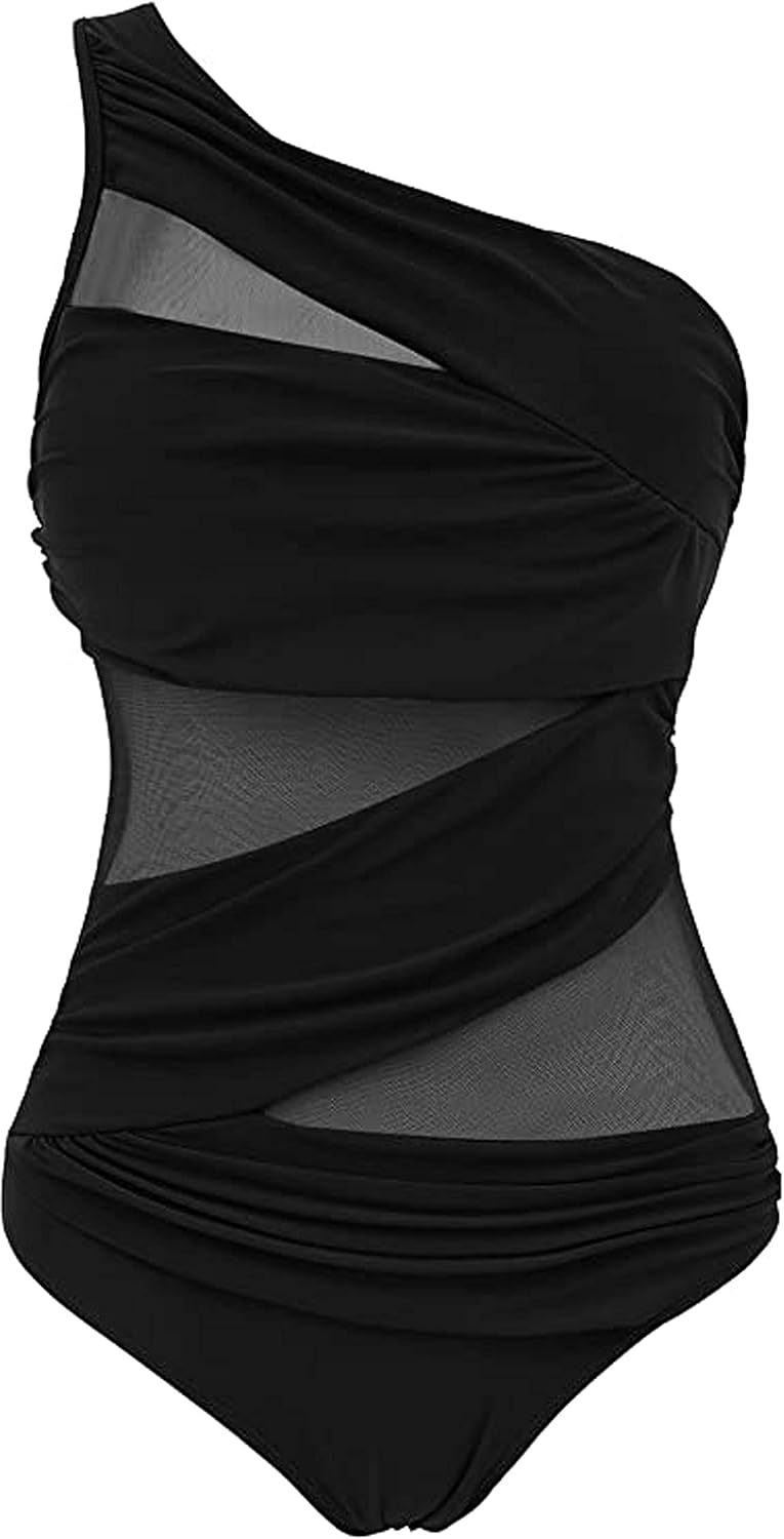 Runtlly Women's One Piece Swimsuits One Shoulder Plus Size Swimwear Bathing Suit with See