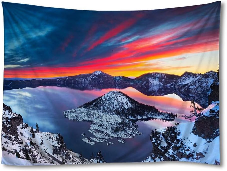 FHYGJD Crater Lake Sunrise Winter Landscape Art Print Tapestries,Home Wall Decor Tapestry (50x75 inch)