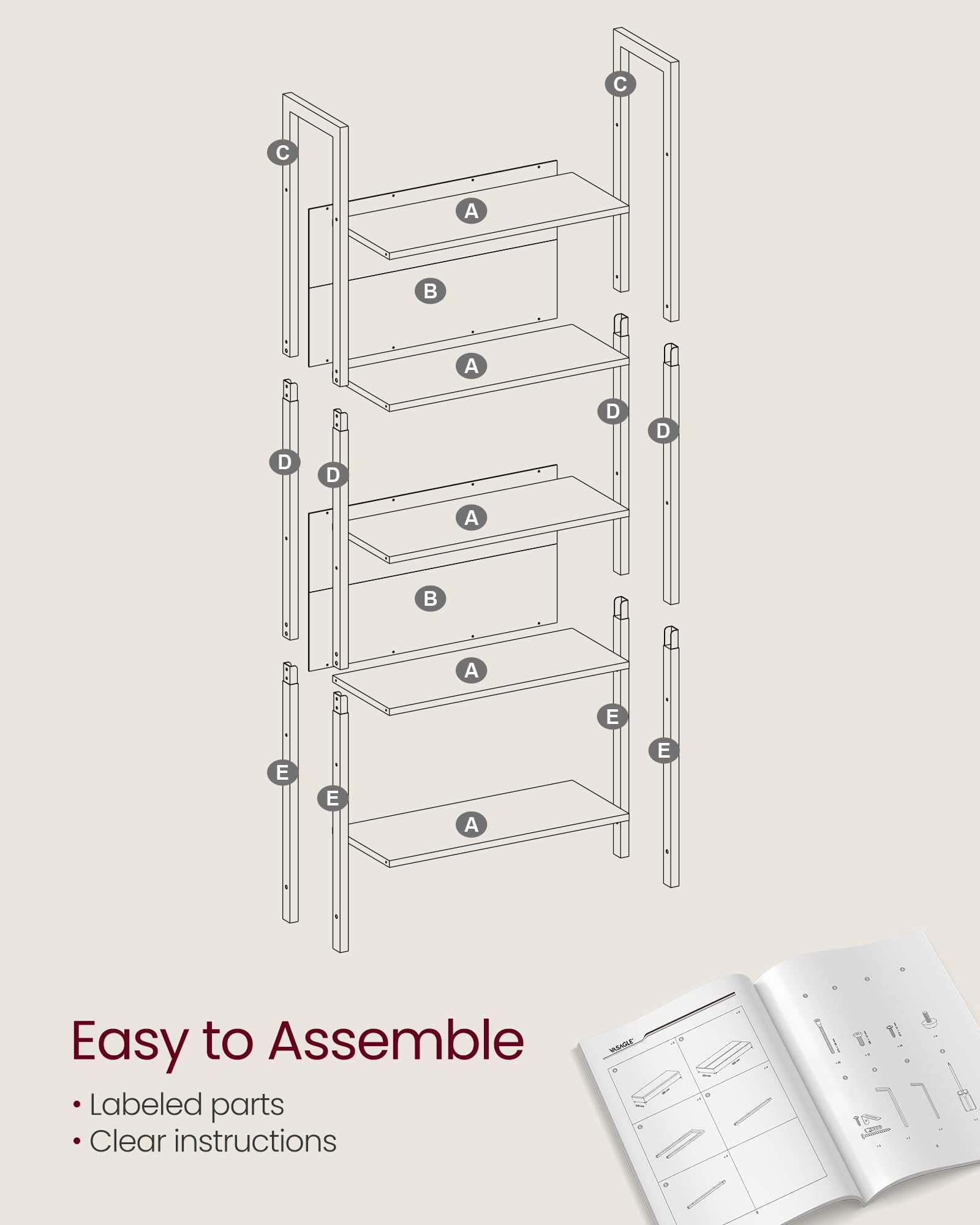 VASAGLE 5-Tier Bookshelf, Book Shelf, Industrial Bookcase, with Steel Frame, for Living Room, Home Office, Bedroom, 9.4 x 24.4 x 65 Inches, Camel Brown and Black ULLS025B50