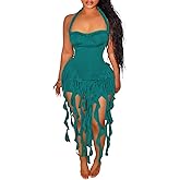 Womens Sexy Halter Mini Dresses Summer Ruffle Fringe Tassel Birthday Club Party Bodycon Short Dresses Outfits
