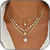 Gold Starfish Shell Necklace for Women Layered Seashell Pearl Fishtail Chain Charm Necklace Boho Starfish Shell Pendant Necklaces Trendy Summer Ocean Beach Jewelry Gift