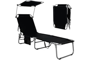 GYMAX Beach Chair with Canopy Shade, Folding Tanning Lounge with Adjustable Backrest, Carry Handle & Side Pocket, Sunbathing Chair for Outside, Patio, Poolside, Lawn (1, Black)