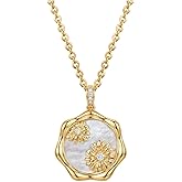 MEVECCO Birth Flower Necklace For Women 18k Gold Plated Mother Of Pearl Disc Floral Pendant Necklace Dainty 12 Birth Month Flower Handmade Personalized Jewelry Anniversary Christmas Birthday Gifts